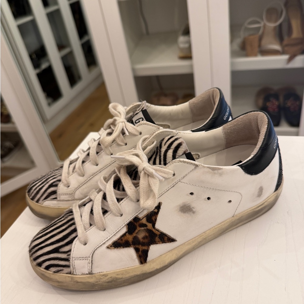 Golden Goose White and Black Zebra Print Sneakers